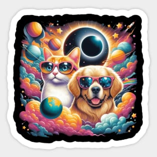 colorful cat and dog with solar 2024 eclipse wearing Glasses Sticker